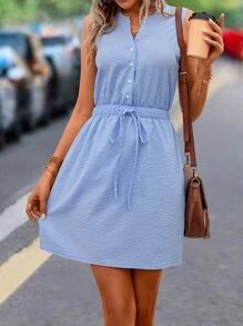 SHEIN LUNE Vestido unicolor con botón con cordón delantero - Azul - Ver 6