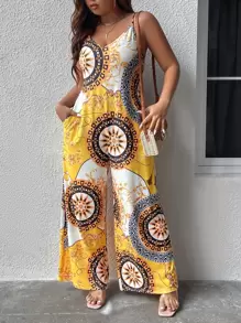 SHEIN Clasi 大碼曼陀羅印花闊腿吊帶連體褲 - 彩色 - 查看 1