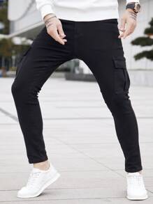 Manfinity LEGND 男士棉側翻蓋口袋緊身牛仔褲 - 黑色 - 查看 4