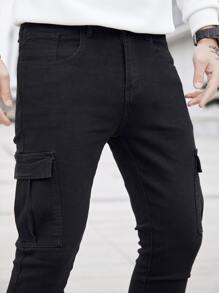 Manfinity LEGND 男士棉側翻蓋口袋緊身牛仔褲 - 黑色 - 查看 5