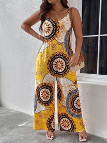SHEIN Clasi 大碼曼陀羅印花闊腿吊帶連體褲 - 彩色 - 查看 4