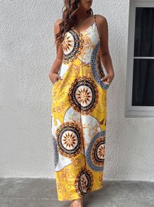 SHEIN Clasi 大碼曼陀羅印花闊腿吊帶連體褲 - 彩色 - 查看 5