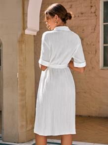 SHEIN LUNE Button Front Belted Shirt Dress - White - View 2