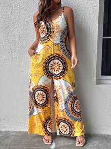 SHEIN Clasi 大碼曼陀羅印花闊腿吊帶連體褲 - 彩色 - 查看 8