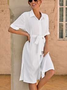 SHEIN LUNE Button Front Belted Shirt Dress - White - View 5