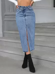 SHEIN Essnce Overlap Waist Split Thigh Denim Skirt - Medium Wash - View 1