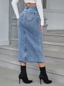 SHEIN Essnce Overlap Waist Split Thigh Denim Skirt - Medium Wash - View 2