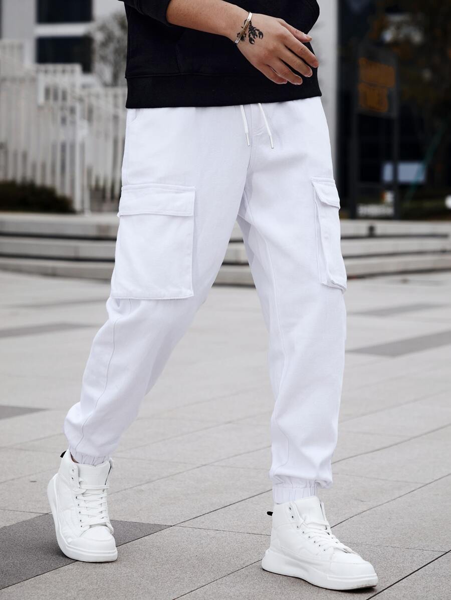 Manfinity Men Flap Pocket Side Drawstring Waist Cargo Jeans - White - View 1