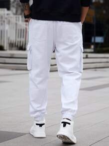 Manfinity Men Flap Pocket Side Drawstring Waist Cargo Jeans - White - View 2