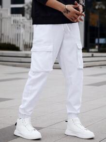 Manfinity Men Flap Pocket Side Drawstring Waist Cargo Jeans - White - View 3