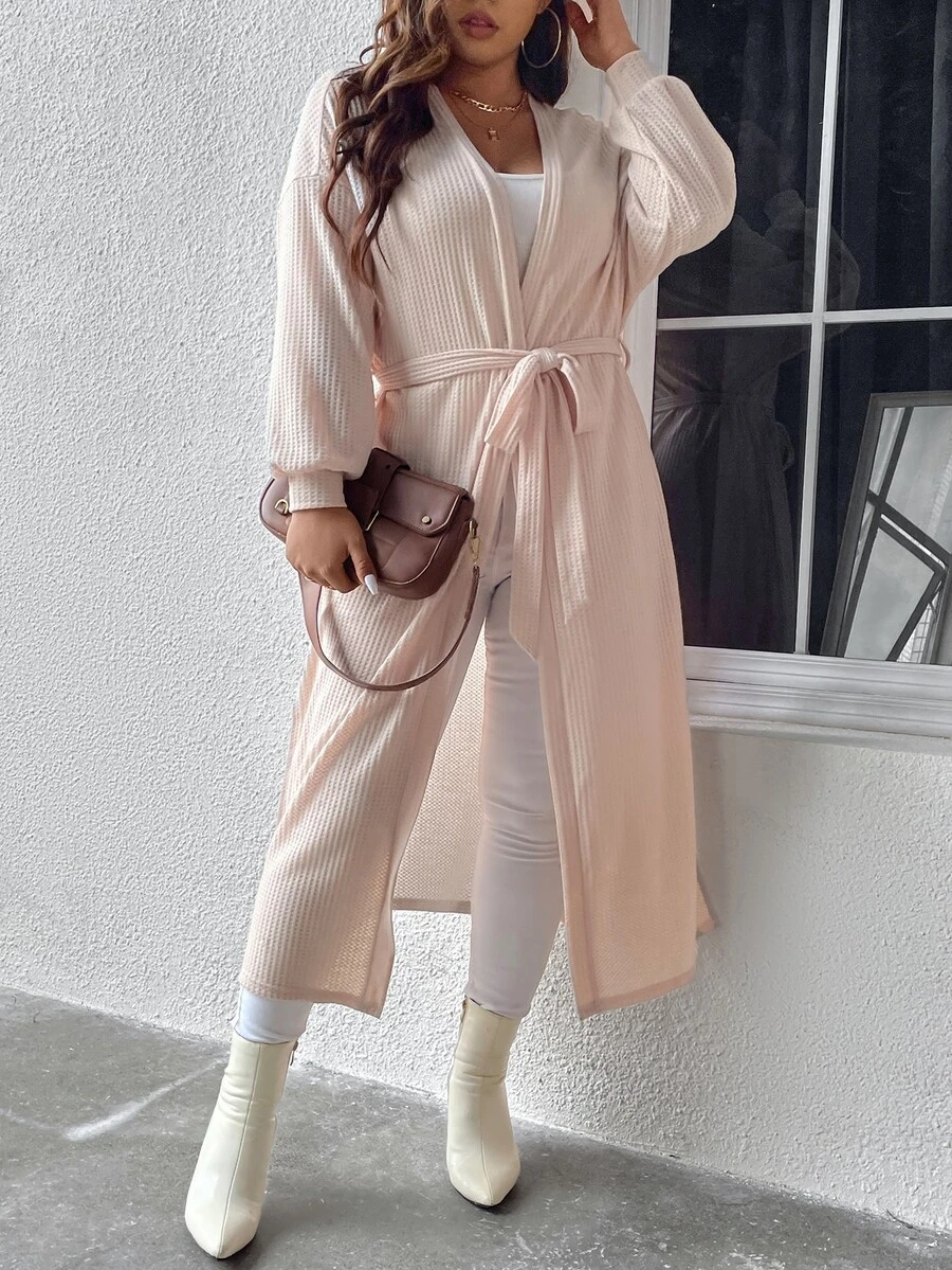 SHEIN LUNE Abrigo de hombros caídos con cinturón - Rosa Pálido - Ver 1