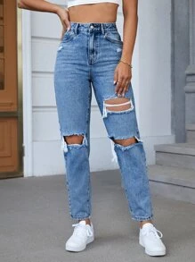 SHEIN EZwear SpringHigh Waist Ripped Tapered Jeans Without Belt - Medium Wash - View 3