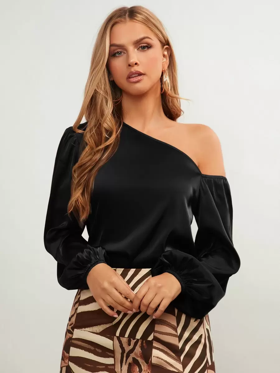 SHEIN BIZwear Cổ không đối xứng Tay áo lồng đèn Áo Trang phục làm việc - màu đen - Xem 1