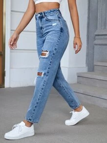 SHEIN EZwear SpringHigh Waist Ripped Tapered Jeans Without Belt - Medium Wash - View 4
