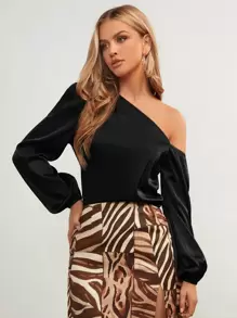 SHEIN BIZwear Cổ không đối xứng Tay áo lồng đèn Áo Trang phục làm việc - màu đen - Xem 3