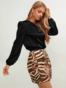 SHEIN BIZwear Cổ không đối xứng Tay áo lồng đèn Áo Trang phục làm việc - màu đen - Xem 4