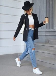 SHEIN EZwear SpringHigh Waist Ripped Tapered Jeans Without Belt - Medium Wash - View 5