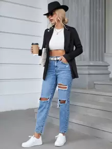 SHEIN EZwear SpringHigh Waist Ripped Tapered Jeans Without Belt - Medium Wash - View 6