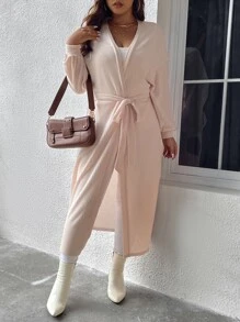 SHEIN LUNE Abrigo de hombros caídos con cinturón - Rosa Pálido - Ver 6