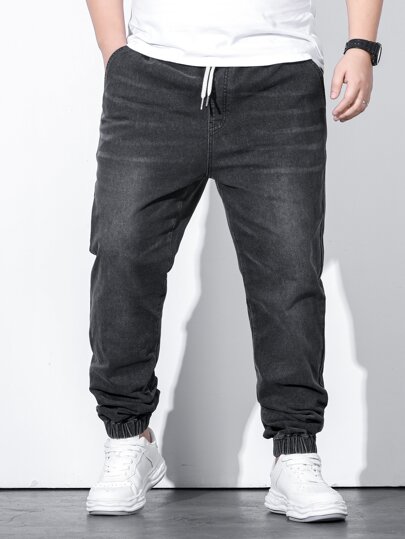 Manfinity Homme Men Plus Cotton Drawstring Waist Jogger Jeans, Plain Slim Fit Long Dark Wash Jeans Black Washed Cargo Jeans, For Husband, Boyfriend Gifts Going Out Urban Street Work Sport