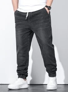 Manfinity Homme Men Plus Cotton Drawstring Waist Jogger Jeans, Plain Slim Fit Long Dark Wash Jeans Black Washed Cargo Jeans, For Husband, Boyfriend Gifts Going Out Urban Street Work Sport - Dark Grey - View 3