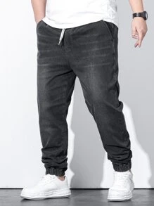 Manfinity Homme Men Plus Cotton Drawstring Waist Jogger Jeans, Plain Slim Fit Long Dark Wash Jeans Black Washed Cargo Jeans, For Husband, Boyfriend Gifts Going Out Urban Street Work Sport - Dark Grey - View 7