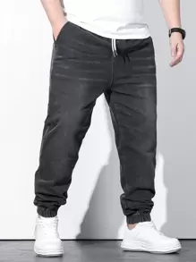 Manfinity Homme Men Plus Cotton Drawstring Waist Jogger Jeans, Plain Slim Fit Long Dark Wash Jeans Black Washed Cargo Jeans, For Husband, Boyfriend Gifts Going Out Urban Street Work Sport - Dark Grey - View 8