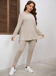 SHEIN Essnce 大碼下擺開叉T恤和緊身褲 - 杏色 - 查看 4