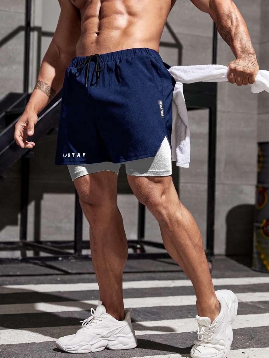 Running Men Letter Graphic 2 In 1 Sports Shorts & Towel Loop Sweat Pants - Navy Blue - View 1