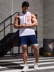 Running Men Letter Graphic 2 In 1 Sports Shorts & Towel Loop Sweat Pants - Navy Blue - View 3