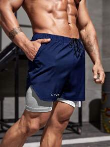 Running Men Letter Graphic 2 In 1 Sports Shorts & Towel Loop Sweat Pants - Navy Blue - View 4