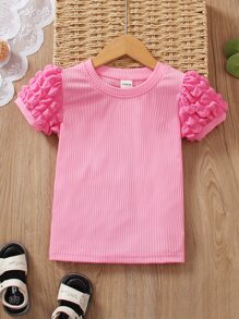 Niñitas Camiseta tejida de canalé de manga farol - Rosa Fucsia - Ver 1
