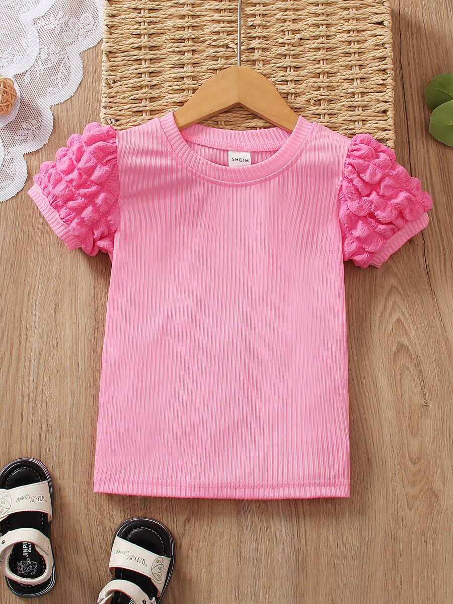 Niñitas Camiseta tejida de canalé de manga farol - Rosa Fucsia - Ver 1
