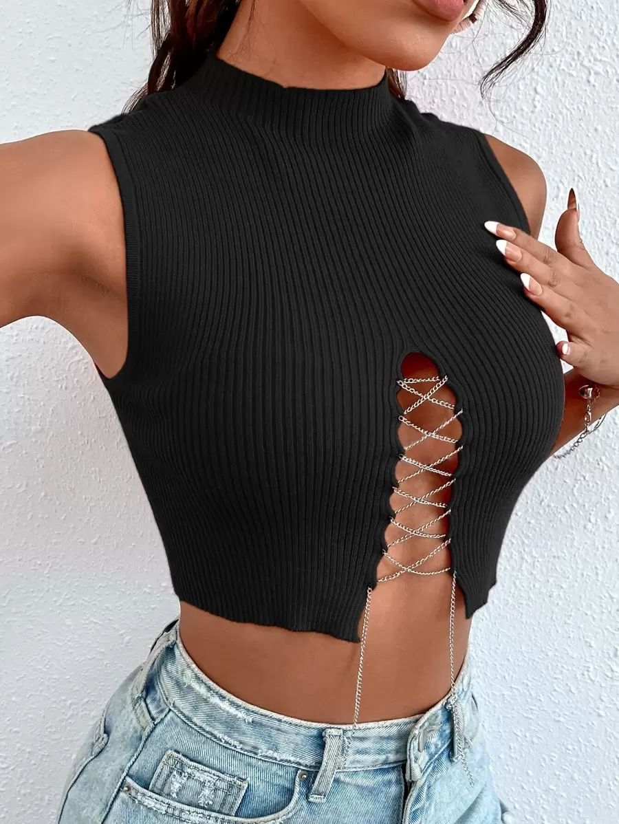 SHEIN Unity Chain Lace Up Front Knit Top - Black - View 1