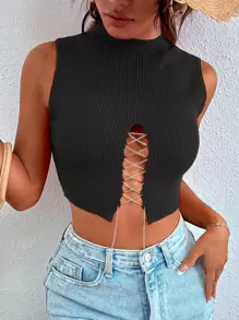 SHEIN Unity Chain Lace Up Front Knit Top - Black - View 4