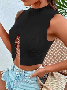 SHEIN Unity Chain Lace Up Front Knit Top - Black - View 5