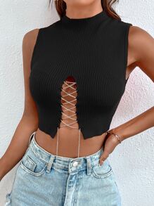 SHEIN Unity Chain Lace Up Front Knit Top - Black - View 6