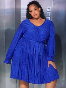 SHEIN CURVE+ Plus Lantern Sleeve Belted Dress - Royal Blue - View 1