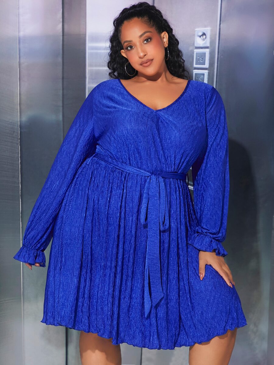 SHEIN CURVE+ Plus Lantern Sleeve Belted Dress - Royal Blue - View 1