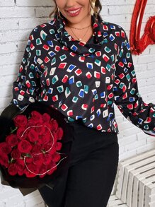 SHEIN LUNE Plus Cowl Neck Geo Print Top - Multicolor - View 1