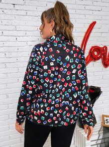 SHEIN LUNE Plus Cowl Neck Geo Print Top - Multicolor - View 2