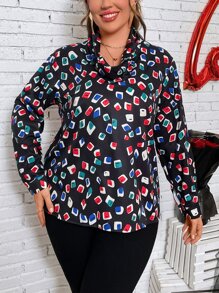 SHEIN LUNE Plus Cowl Neck Geo Print Top - Multicolor - View 4