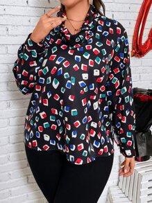 SHEIN LUNE Plus Cowl Neck Geo Print Top - Multicolor - View 5