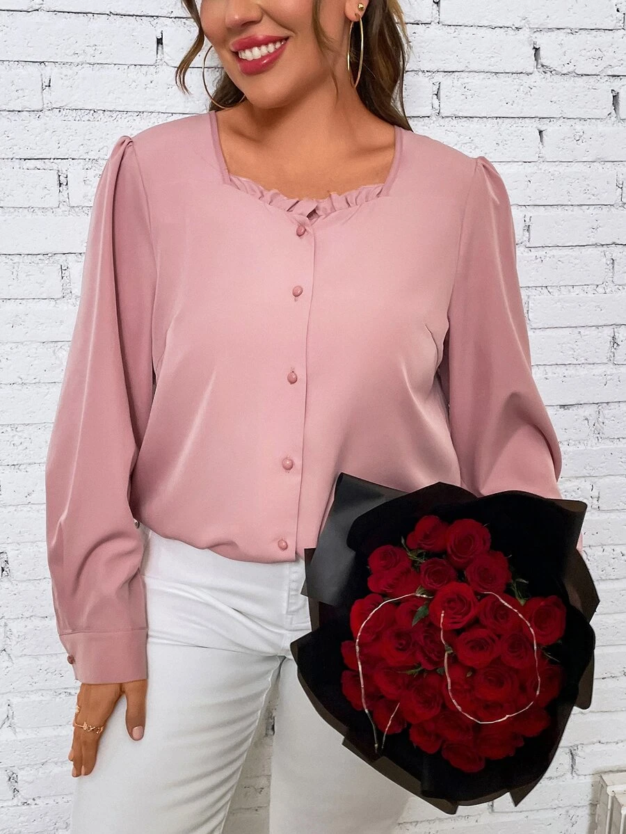 SHEIN LUNE Plus Frill Trim Button Front Blouse - Dusty Pink - View 1