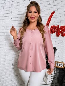 SHEIN LUNE Plus Frill Trim Button Front Blouse - Dusty Pink - View 3