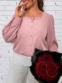 SHEIN LUNE Plus Frill Trim Button Front Blouse - Dusty Pink - View 5