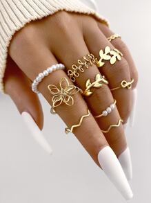 10 cái Lá cây & Đồ trang trí Ngọc Trai giả Nhẫn - Vàng - Xem 1