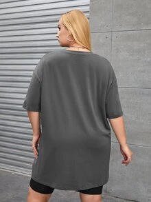 SHEIN EZwear 大碼字母圖案落肩T恤 - 深灰色 - 查看 5