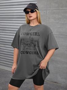 SHEIN EZwear 大碼字母圖案落肩T恤 - 深灰色 - 查看 1