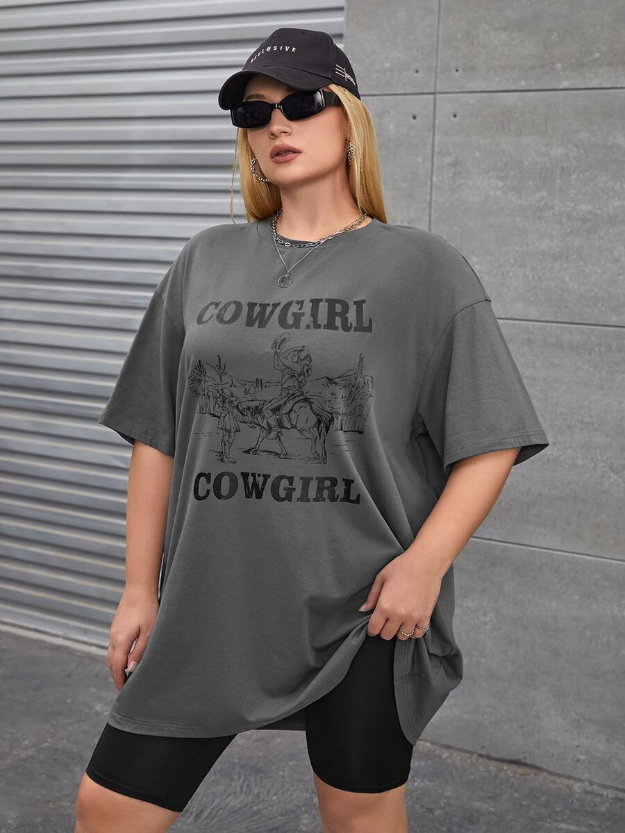 SHEIN EZwear 大碼字母圖案落肩T恤 - 深灰色 - 查看 1